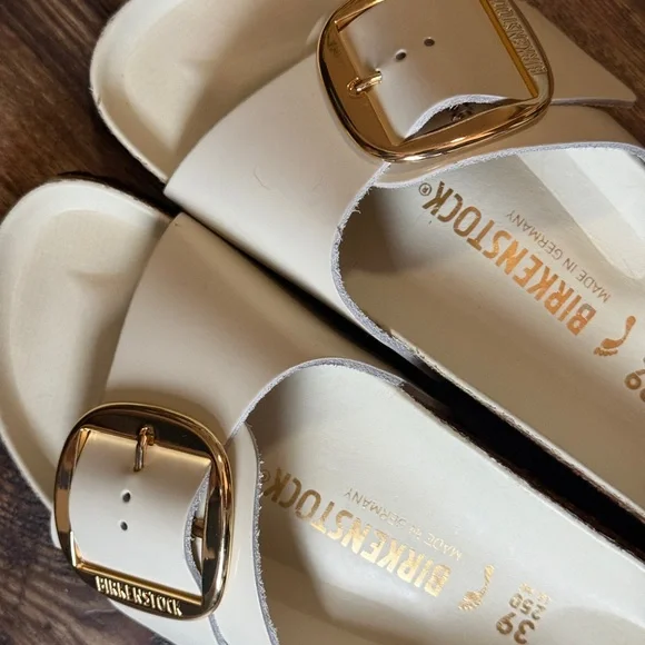 Birkenstock Cream Slide Sandals with Gold Buckles - Picture 3 of 3